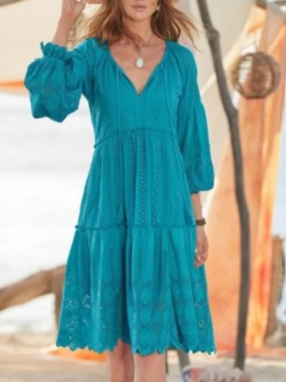 NEW Sundance Tolani PM M Petite Eyelet Tiered Turquoise Vivi Dress